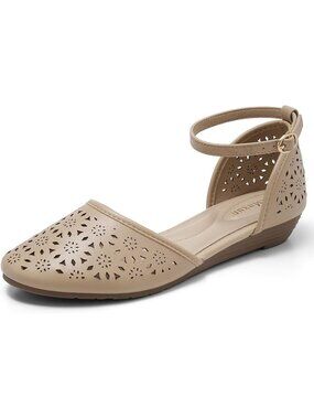 Women Roman Ankle Strap Casual Low Wedge Beige Heel Flats Cage Closed Toe Flat